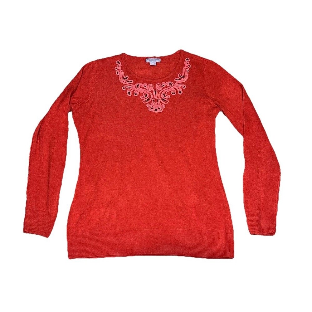 Laura Scott Womens Long Sleeve Sweater Top M Pullover Embroidered Neckline Knit